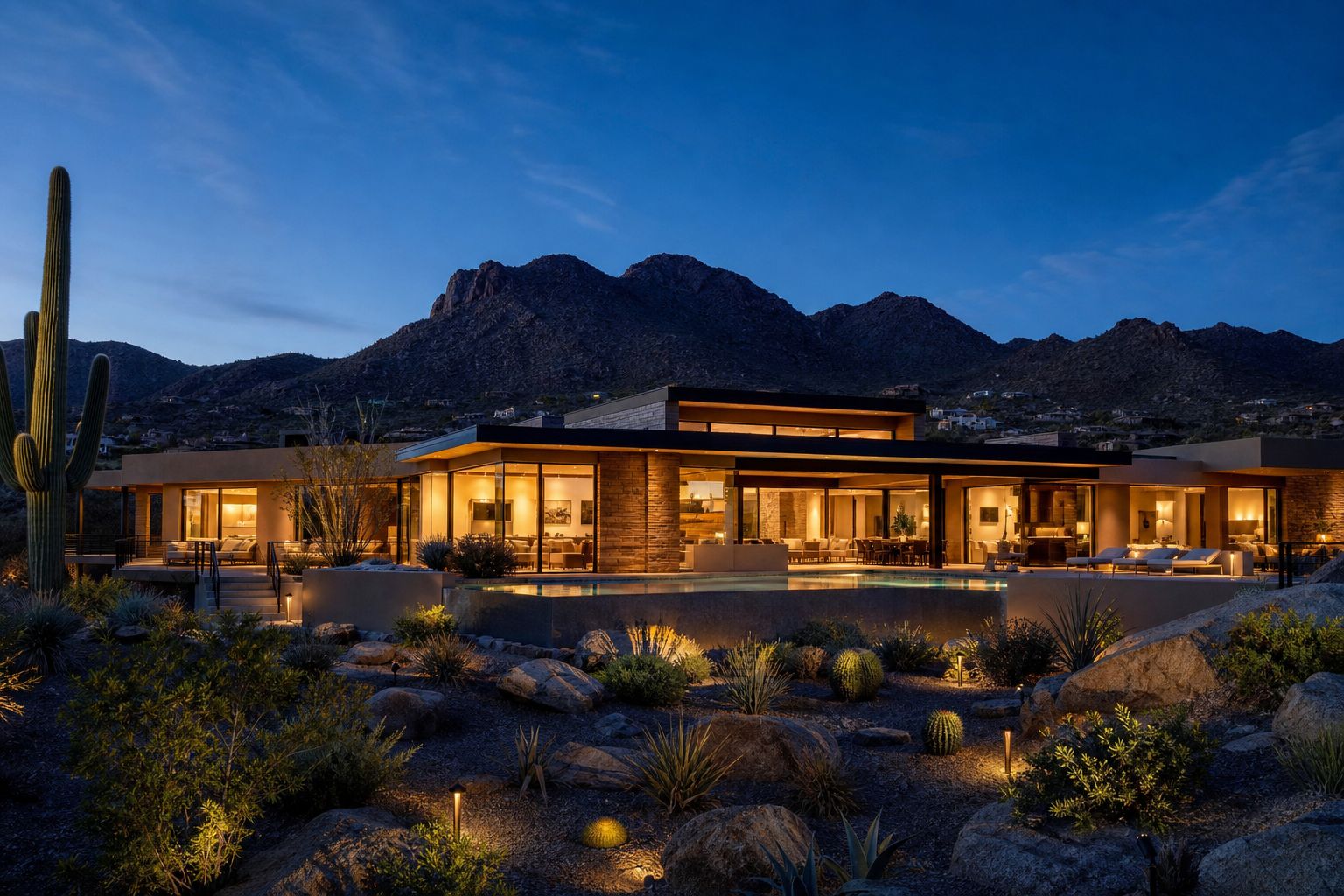Luxury desert home at twilight in the McDowell Mountain foothills, representative imagery